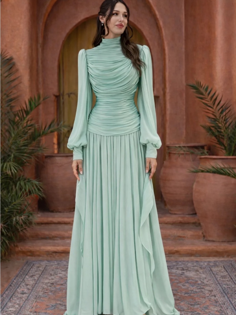 High-Neck Mint Green Long Sleeve Ruched Maxi Dress